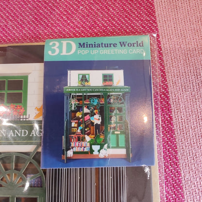 Miniature world Greeting card. 3d Pop up Bookshop