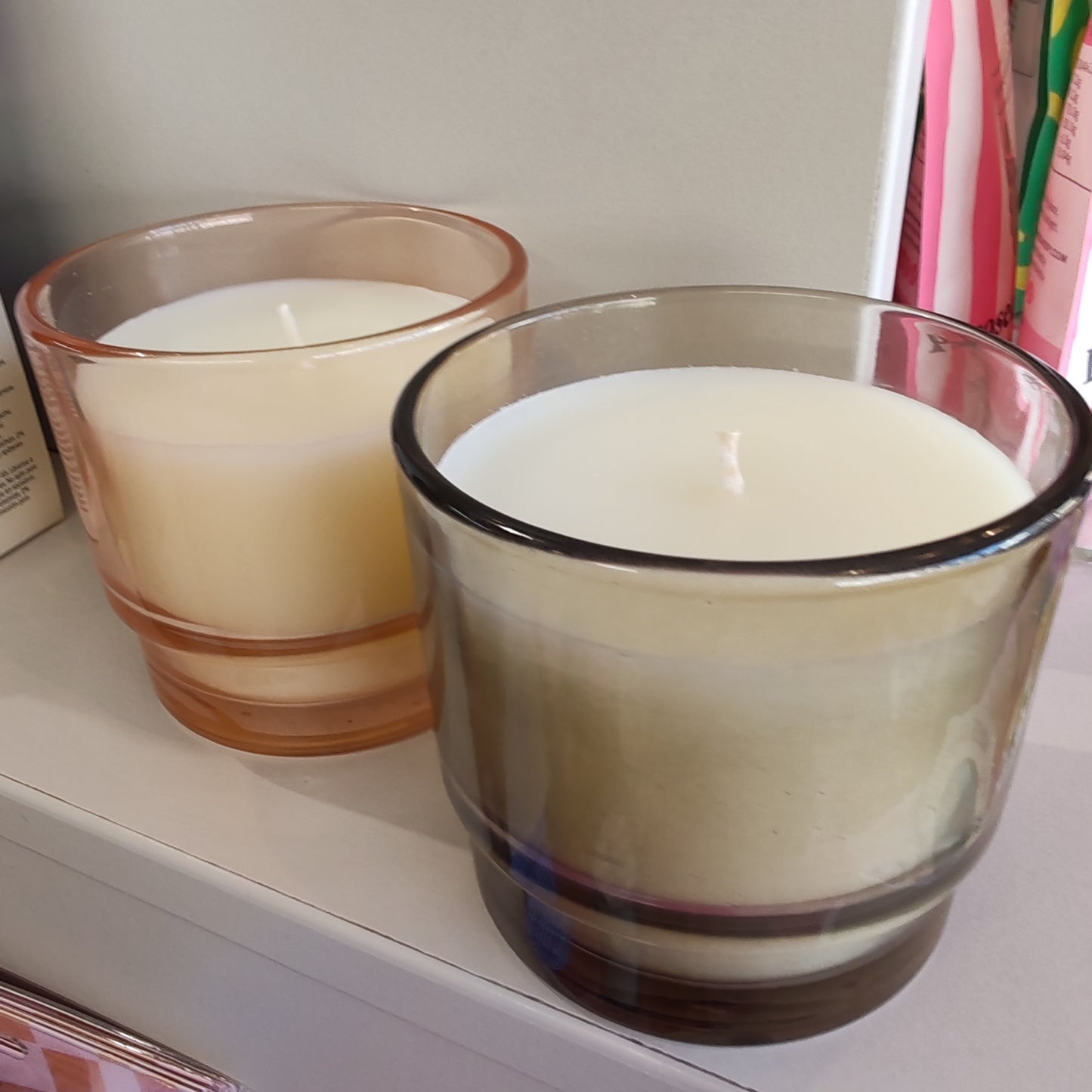 Al Fresco Soy Wax scented candle. 7oz. Scent of Cotton & Teak in Taupe glass jar.