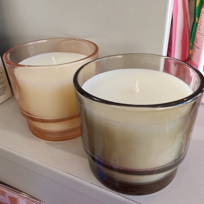 Al Fresco Soy Wax scented candle. 7oz. Scent of Cotton & Teak in Taupe glass jar.
