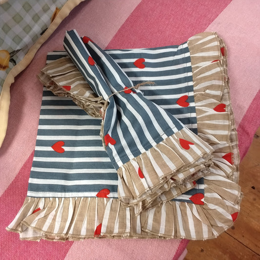 Blue / white striped hearts napkins with beige edging (pair)