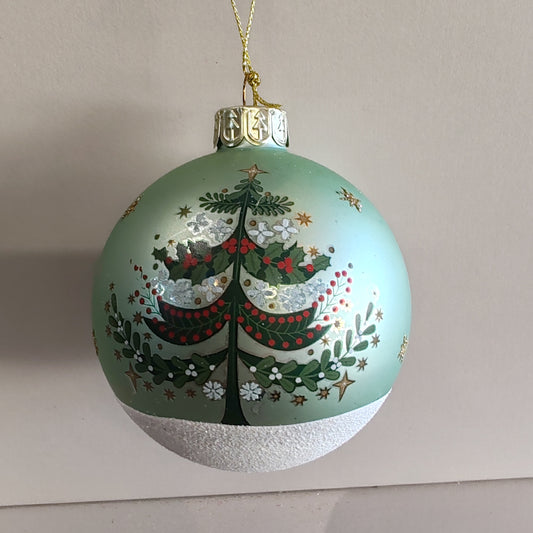Glass Bauble 8cm - Light Green/Alpine Tree