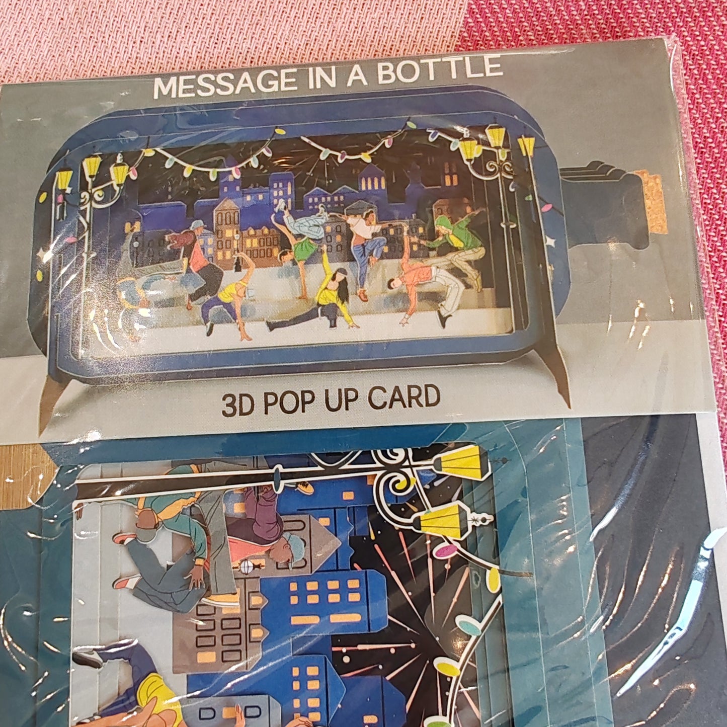 Message in a bottle greeting card. Street dancers