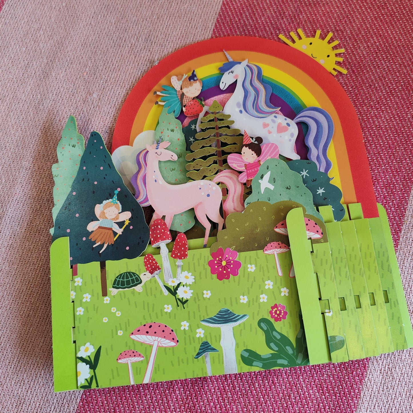 Miniature world 3d POP up greeting card. Unicorn and rainbow theme.
