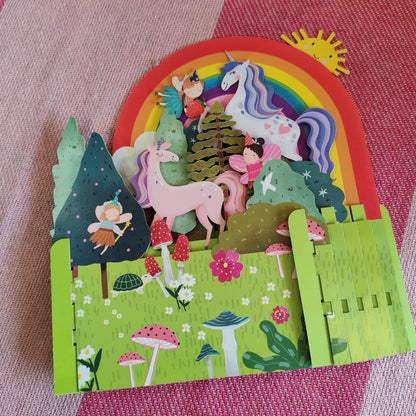 Miniature world 3d POP up greeting card. Unicorn and rainbow theme.