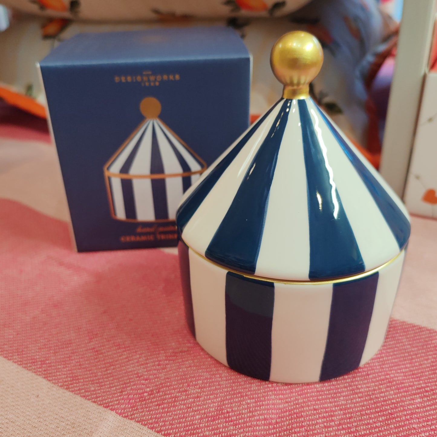 Blue and white stripe ceramic trinket pot.