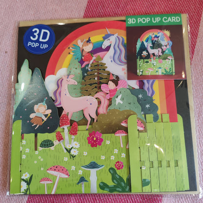 Miniature world 3d POP up greeting card. Unicorn and rainbow theme.