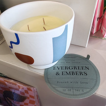 Wabi Sabi Soy Wax scented candle. 12oz. Scent of Evergreen and Embers