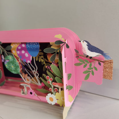 Message in a Bottle 3d Pop up greeting card. Birds and balloons.