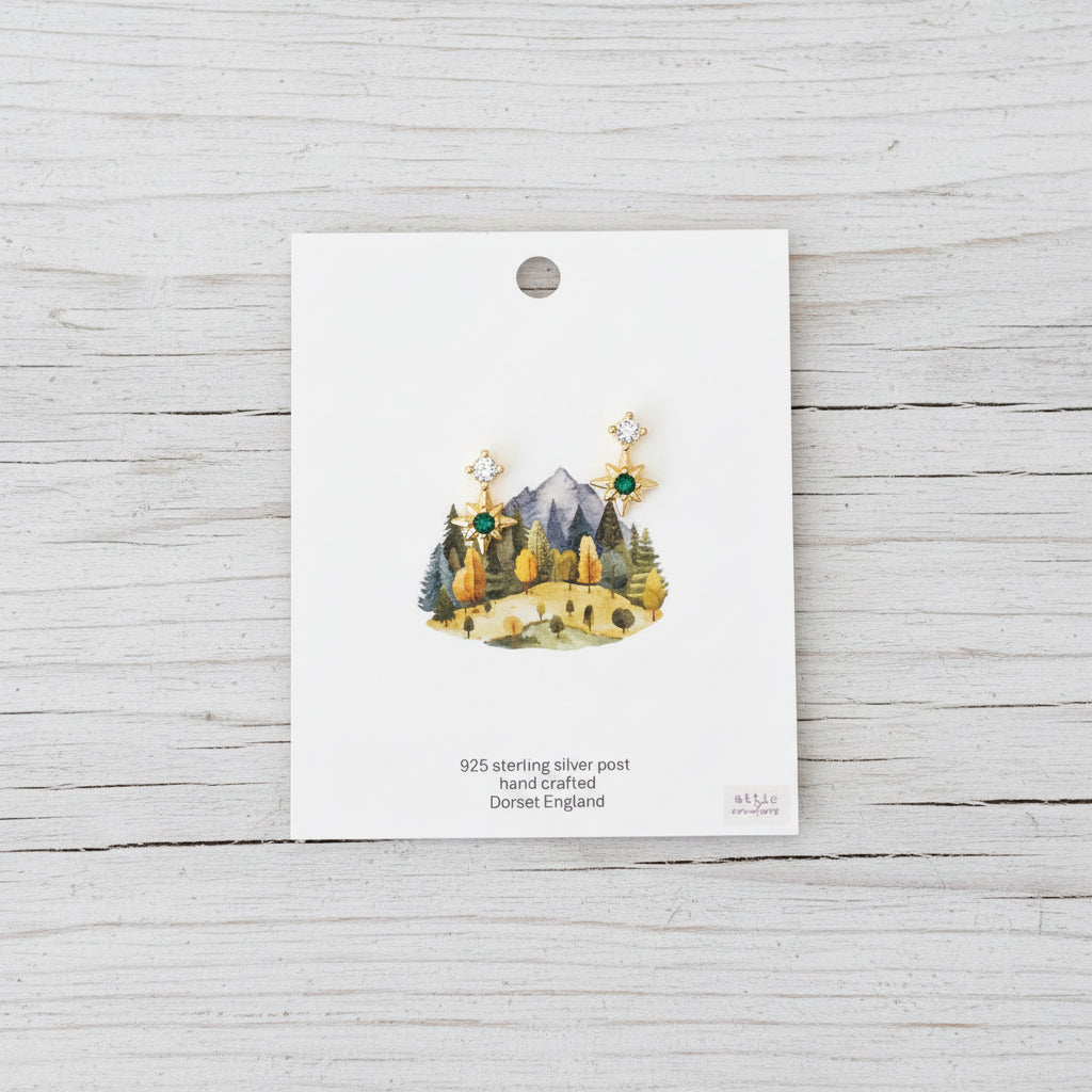 Green gem North Star earrings - gold