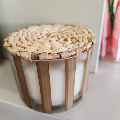 Al Fresco Taupe Striped Candle. 12oz. Scent of Cotton and Teak