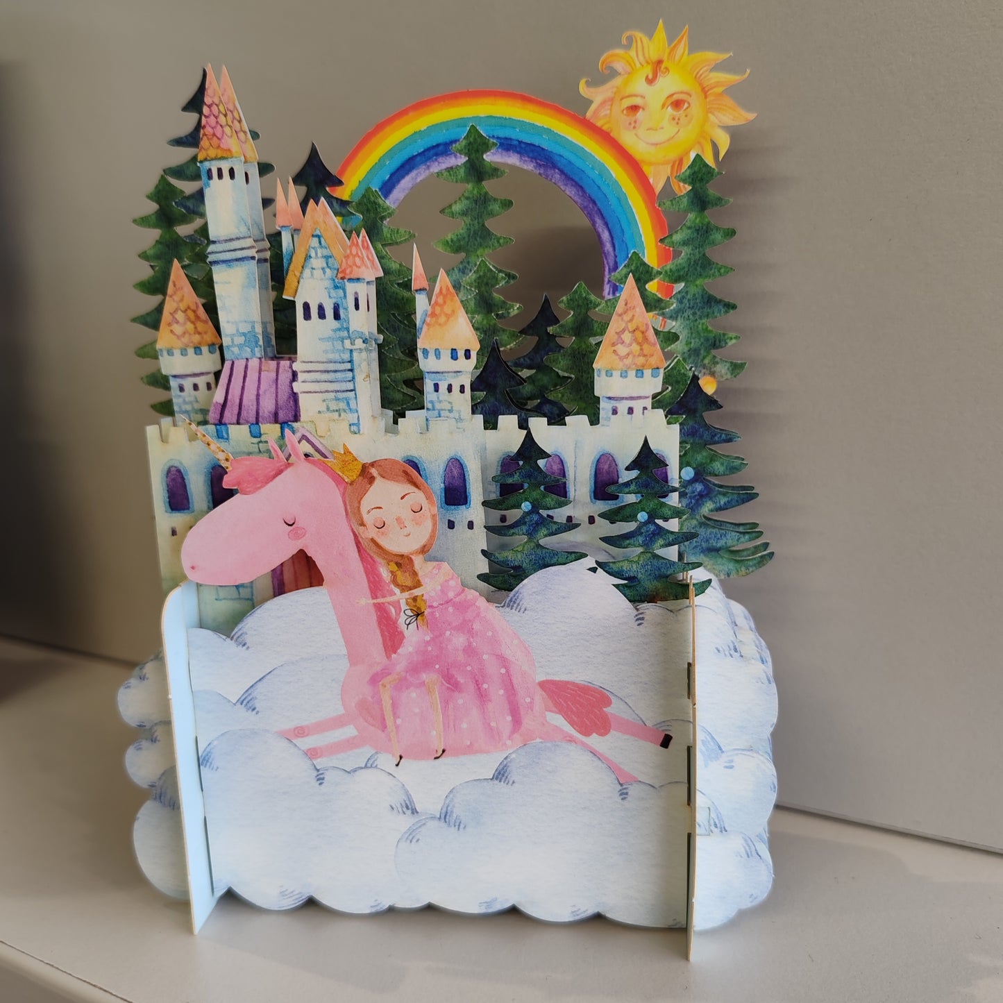 Miniature world 3D POP up greeting card. Princess rainbow theme.