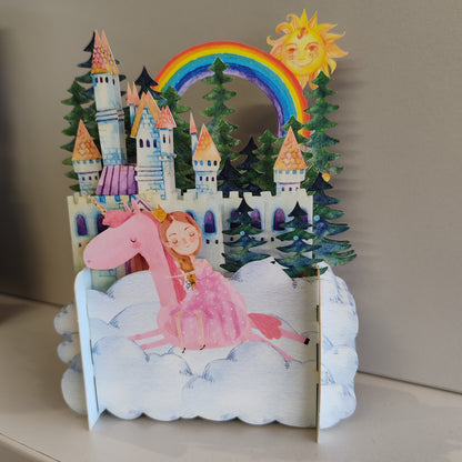 Miniature world 3D POP up greeting card. Princess rainbow theme.