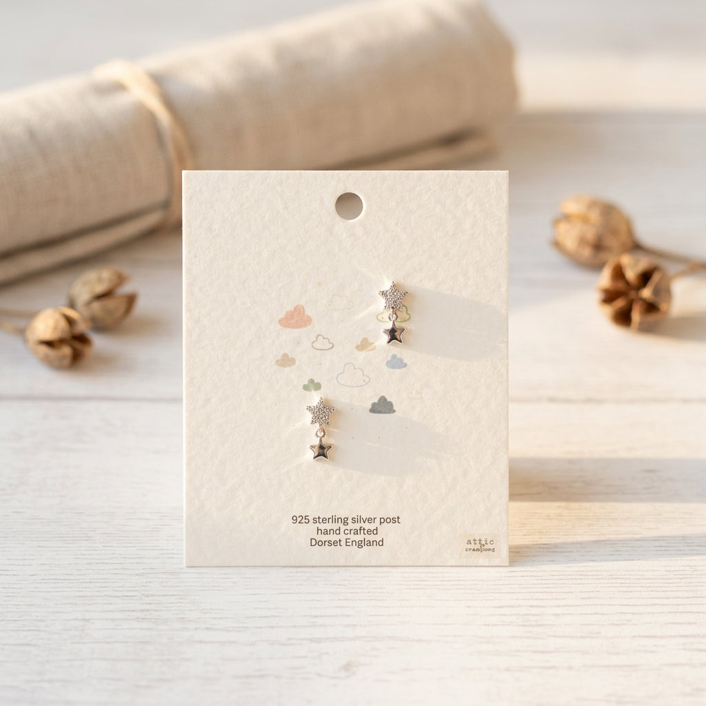 Star with Star Hanging Earrings - Silver