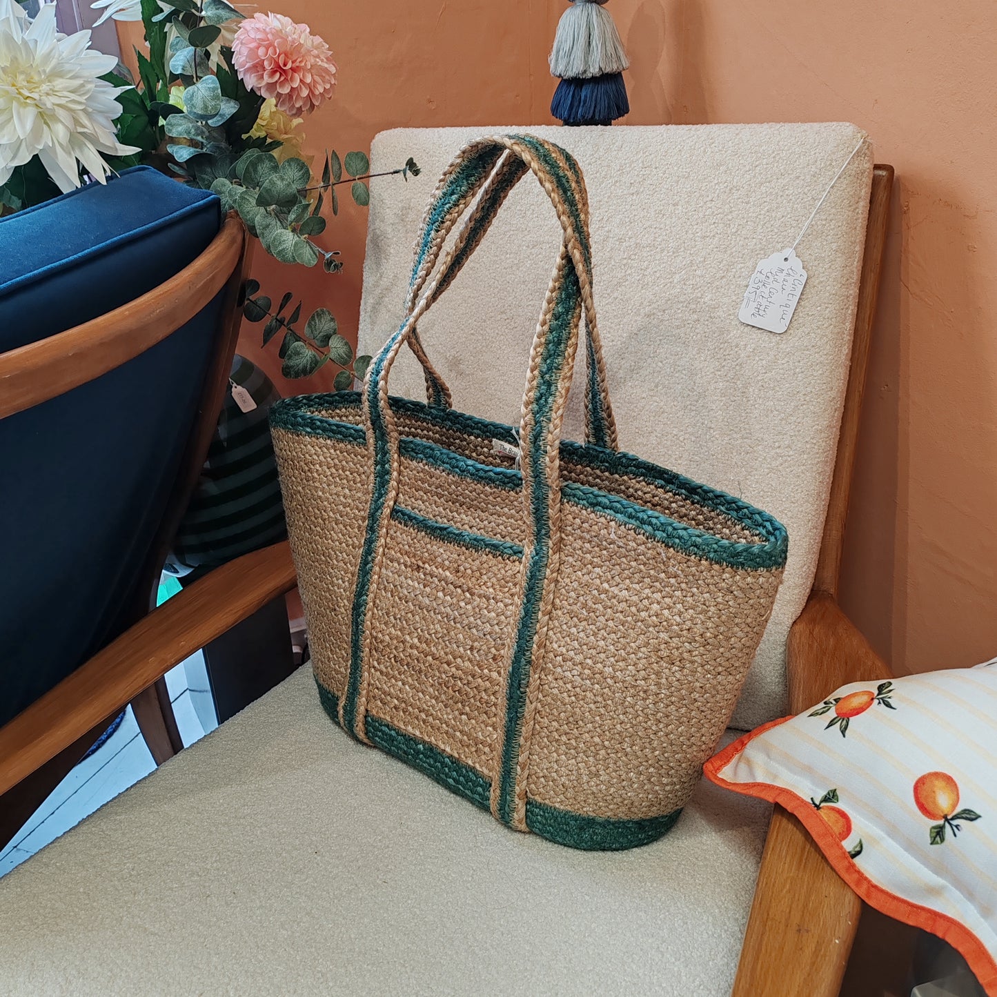 Aqua Jute pocket tote bag large
