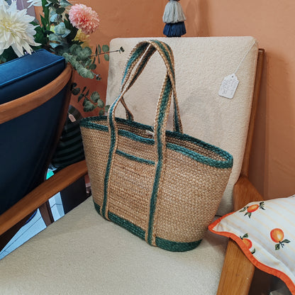 Aqua Jute pocket tote bag large