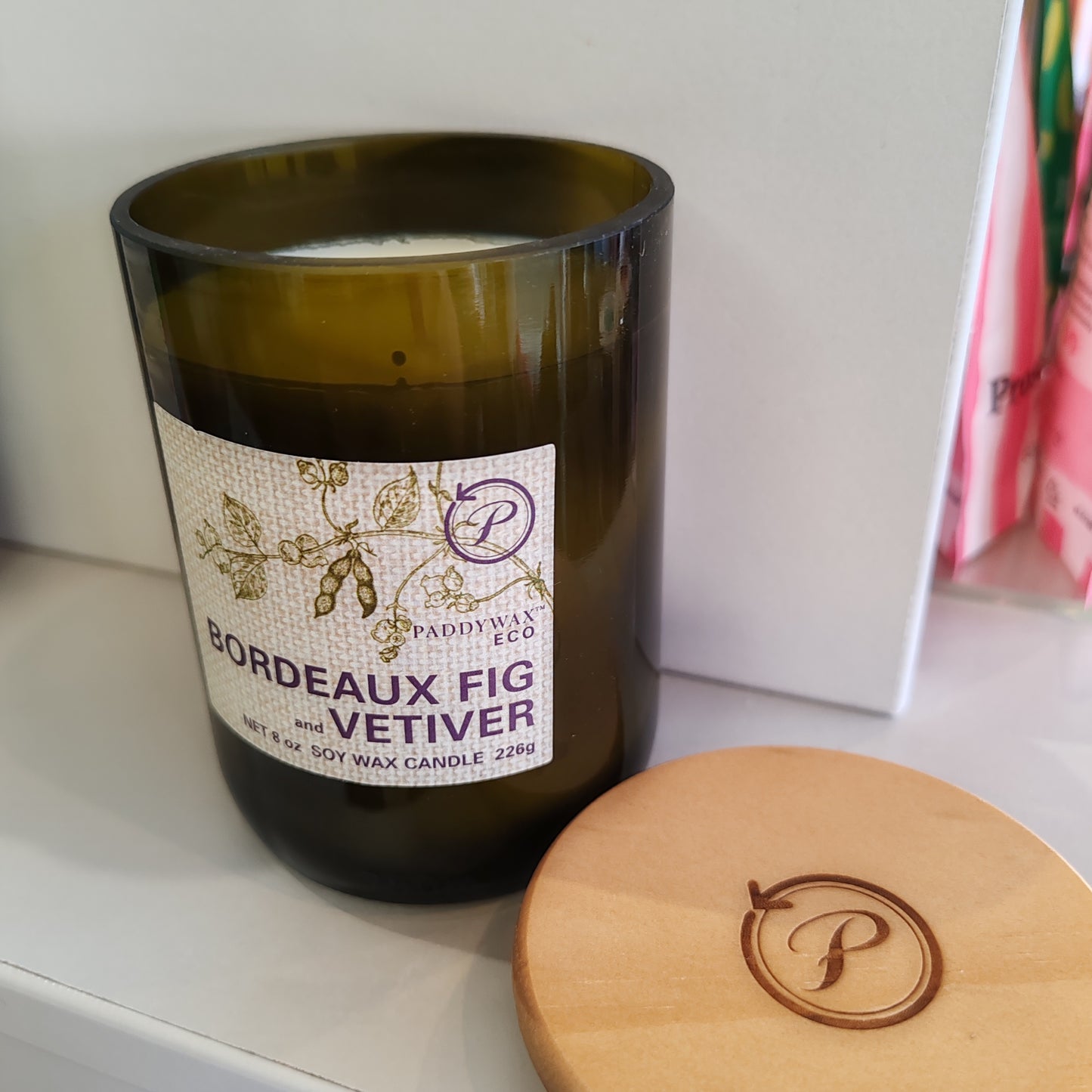 Eco Green recycled glass soy scented candle. 8oz. Scent of Fig and Vertier