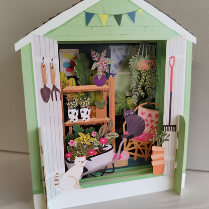 Miniature world Greeting card. Pop up Garden shed Theme