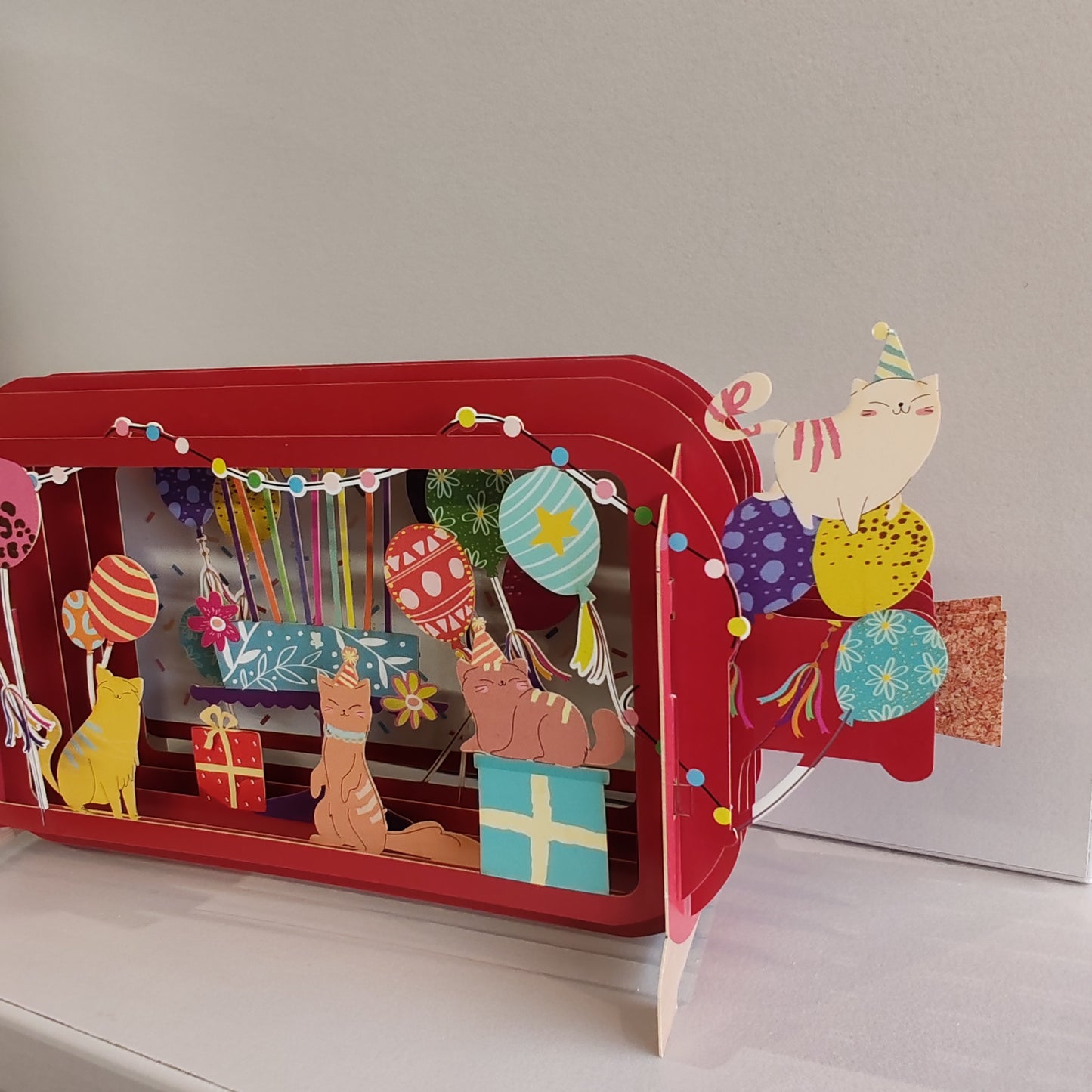 Message in a Bottle 3d pop up greeting card. Cats and balloons party.
