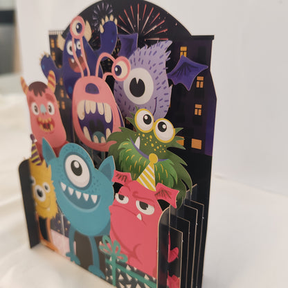 Miniature world 3d pop up greeting card. Monster theme.