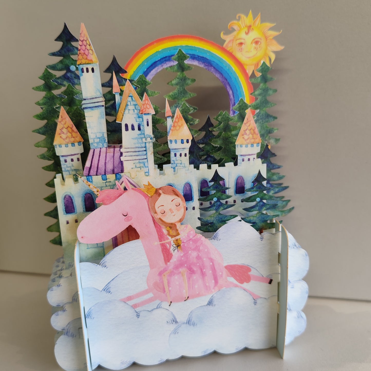 Miniature world 3D POP up greeting card. Princess rainbow theme.