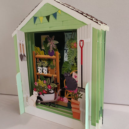 Miniature world Greeting card. Pop up Garden shed Theme