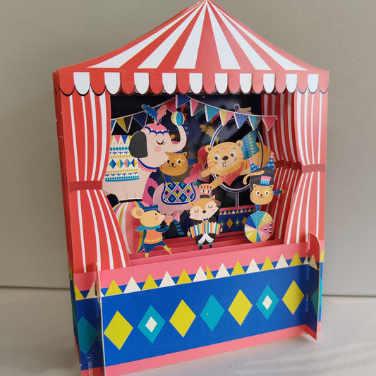 Miniature world 3d Pop up greeting card. Circus tent kids card.