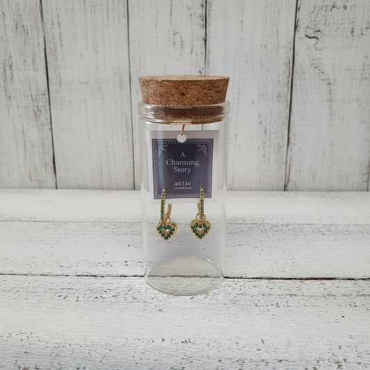 Green gem heart hanging hoop earrings