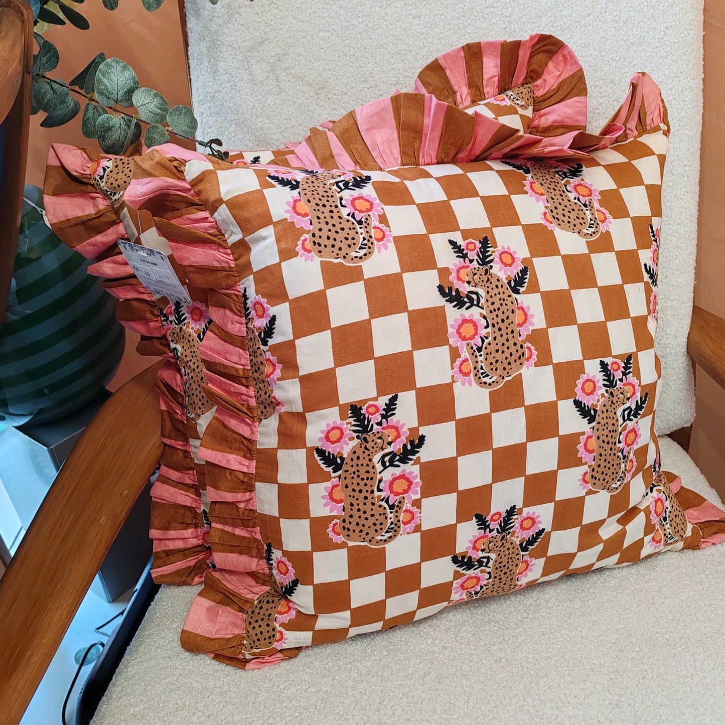 Leopard floral bronze / cream cushion with pink / bronze striped frill trim