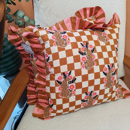 Leopard floral bronze / cream cushion with pink / bronze striped frill trim