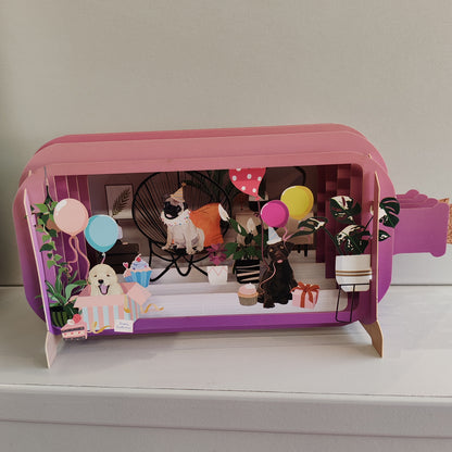 Message in a Bottle 3d Pop up greeting card. Dogs and balloons!
