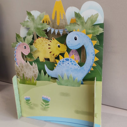 Miniature world 3D pop up greeting card. Dinosaur theme.