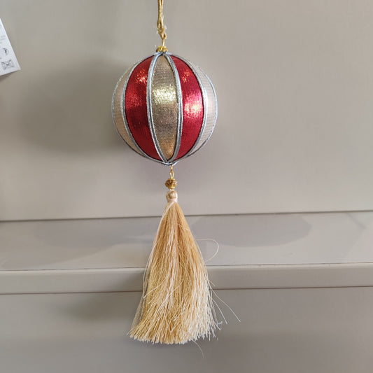 Red & Gold Stripe Fabric Ball with Tassel