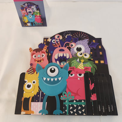 Miniature world 3d pop up greeting card. Monster theme.