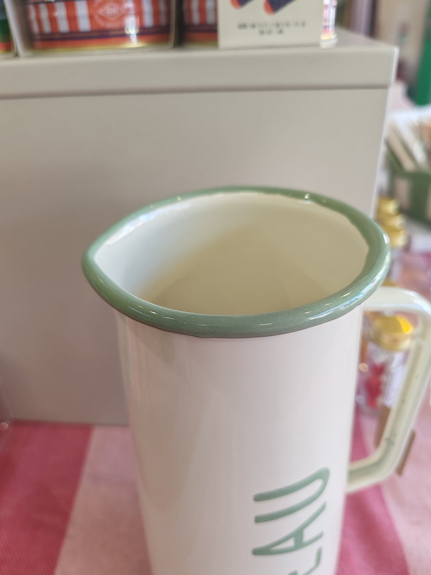 Cream and Green Enamel Jug "L'eau"