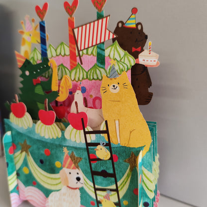 Miniature world 3d POP up greeting card. Animal birthday cake theme