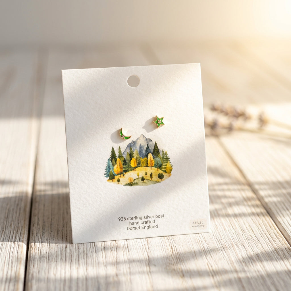 Enamel Star & Moon Earrings - Green - Gold