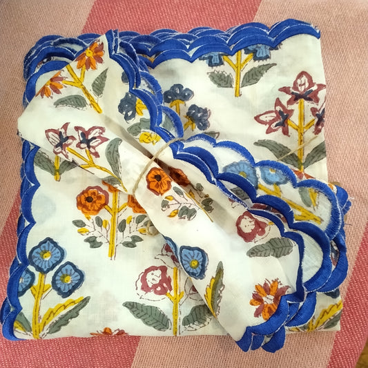 White floral napkins with blue trim (pair)