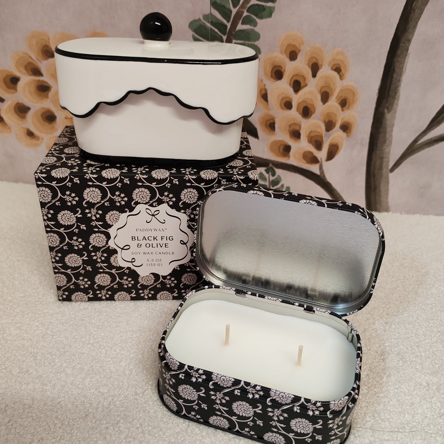 Cherie 4.5oz/155g Printed Tin Candle - Black & Grey - Black Fig & Olive