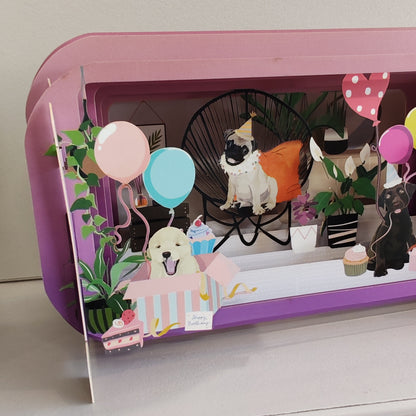 Message in a Bottle 3d Pop up greeting card. Dogs and balloons!