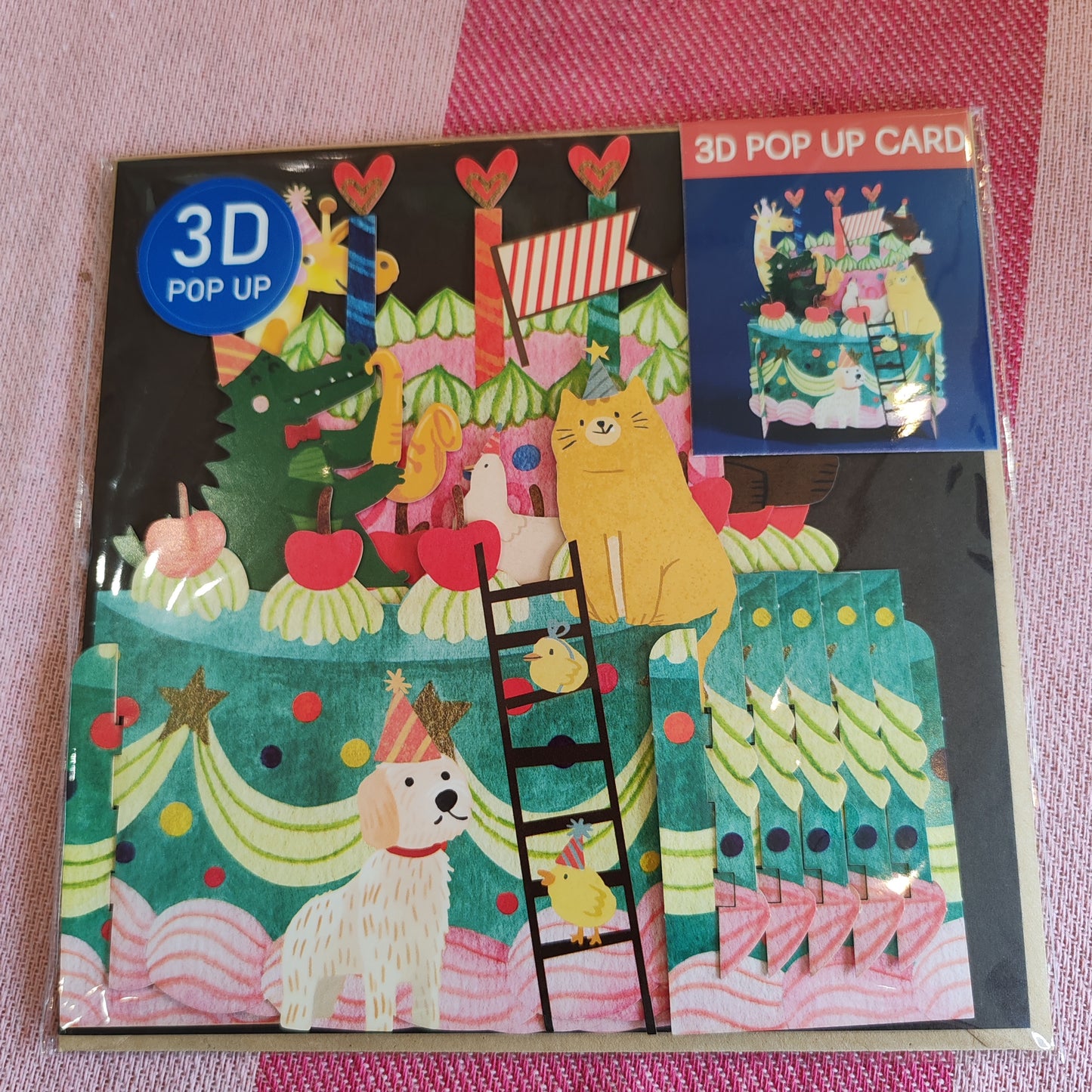 Miniature world 3d POP up greeting card. Animal birthday cake theme