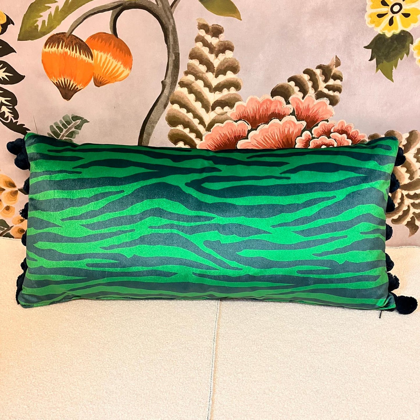 Becca Who Zebra Stripe Velvet Cushion – Blue & Green | Handmade British Illustration | Bates Upholstery