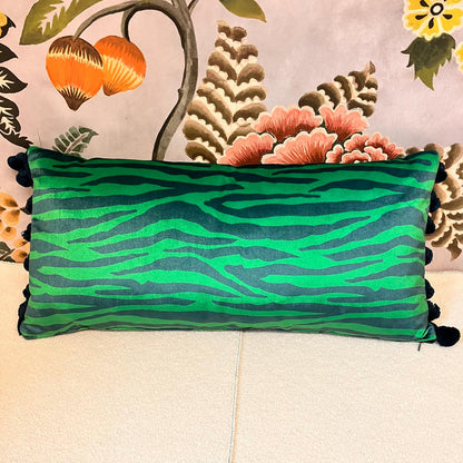 Becca Who Zebra Stripe Velvet Cushion – Blue & Green | Handmade British Illustration | Bates Upholstery
