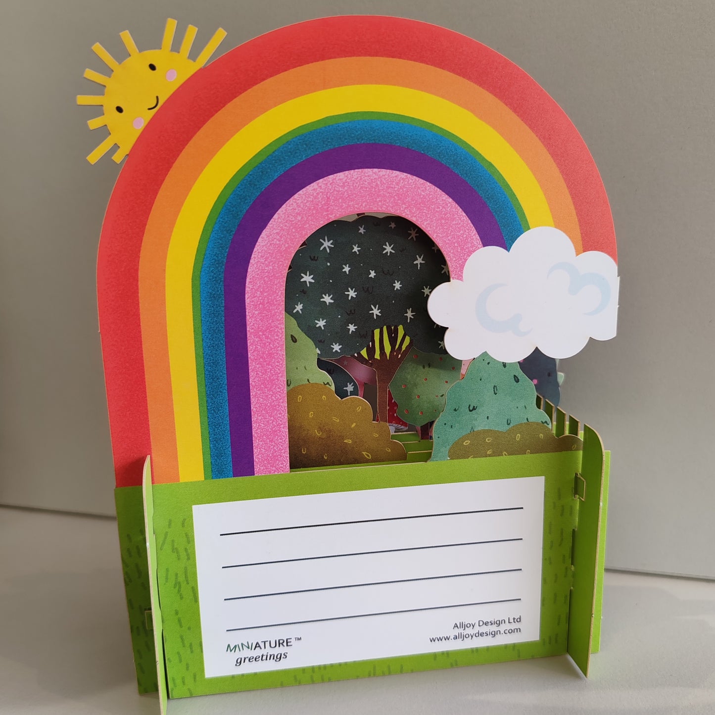 Miniature world 3d POP up greeting card. Unicorn and rainbow theme.