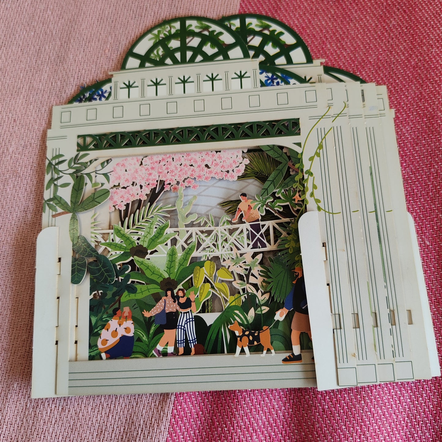 Miniature world Greeting card. 3d Pop up Botanical garden