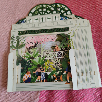 Miniature world Greeting card. 3d Pop up Botanical garden