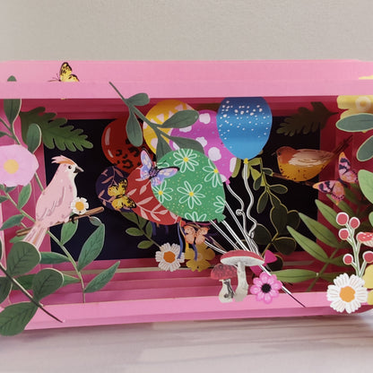 Message in a Bottle 3d Pop up greeting card. Birds and balloons.