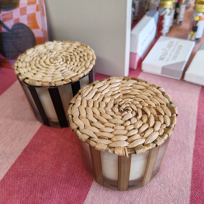 Al Fresco Striped Glass votive soy wax candle. 12oz. Scent of Palo Santo & Sage