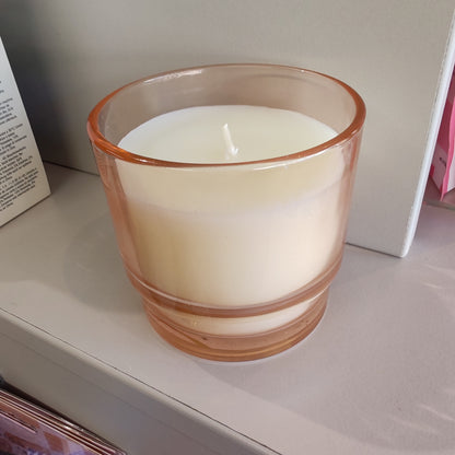 Al Fresco Soy Wax scented candle in peach glass jar. 7oz. Scent of Pepper and Plum