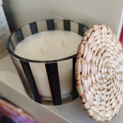 Al Fresco Striped Glass votive soy wax candle. 12oz. Scent of Palo Santo & Sage
