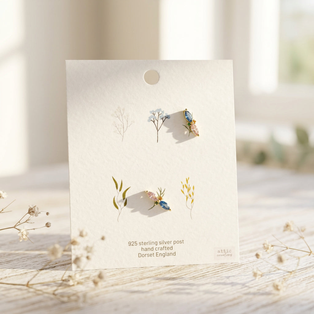Twin Crystal Earrings - Blue/Pink in Gold